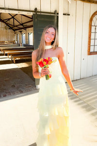 Yellow Chiffon A-Line Strapless Tiered Maxi Party Prom  Dress