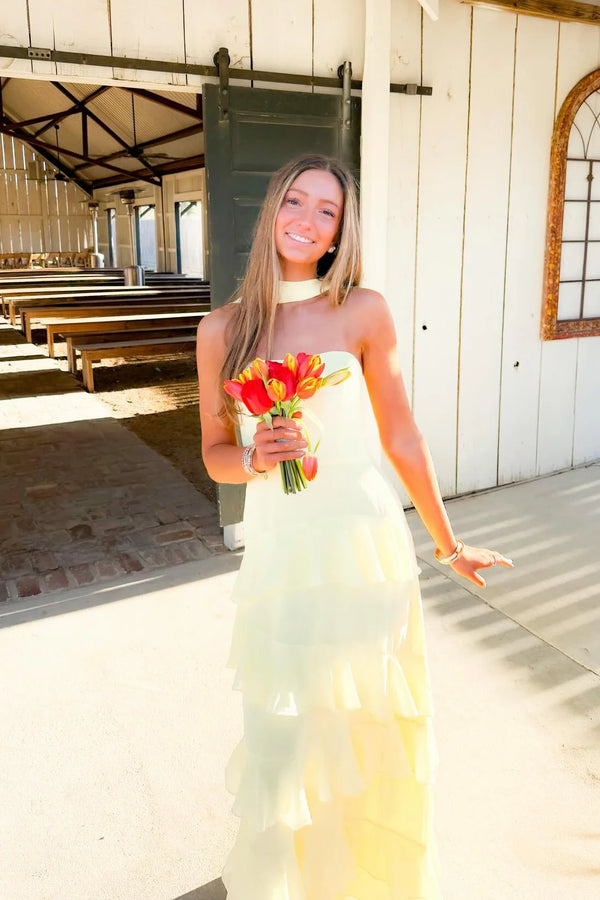 Yellow Chiffon A-Line Strapless Tiered Maxi Party Prom  Dress