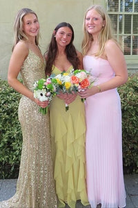 Yellow Chiffon A-Line V-Neck Sleeveless Tiered Ruffle Split Party Prom Dress 