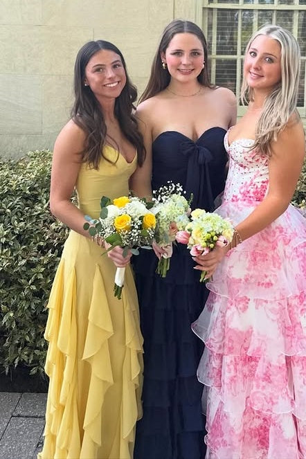 Yellow Chiffon A-Line V-Neck Sleeveless Tiered Ruffle Split Party Prom Dress 