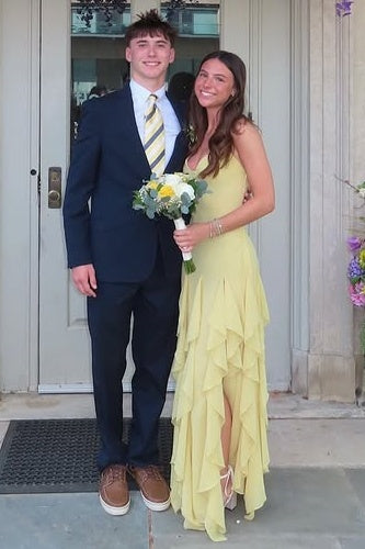Yellow Chiffon A-Line V-Neck Sleeveless Tiered Ruffle Split Party Prom Dress 