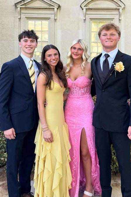 Yellow Chiffon A-Line V-Neck Sleeveless Tiered Ruffle Split Party Prom Dress 