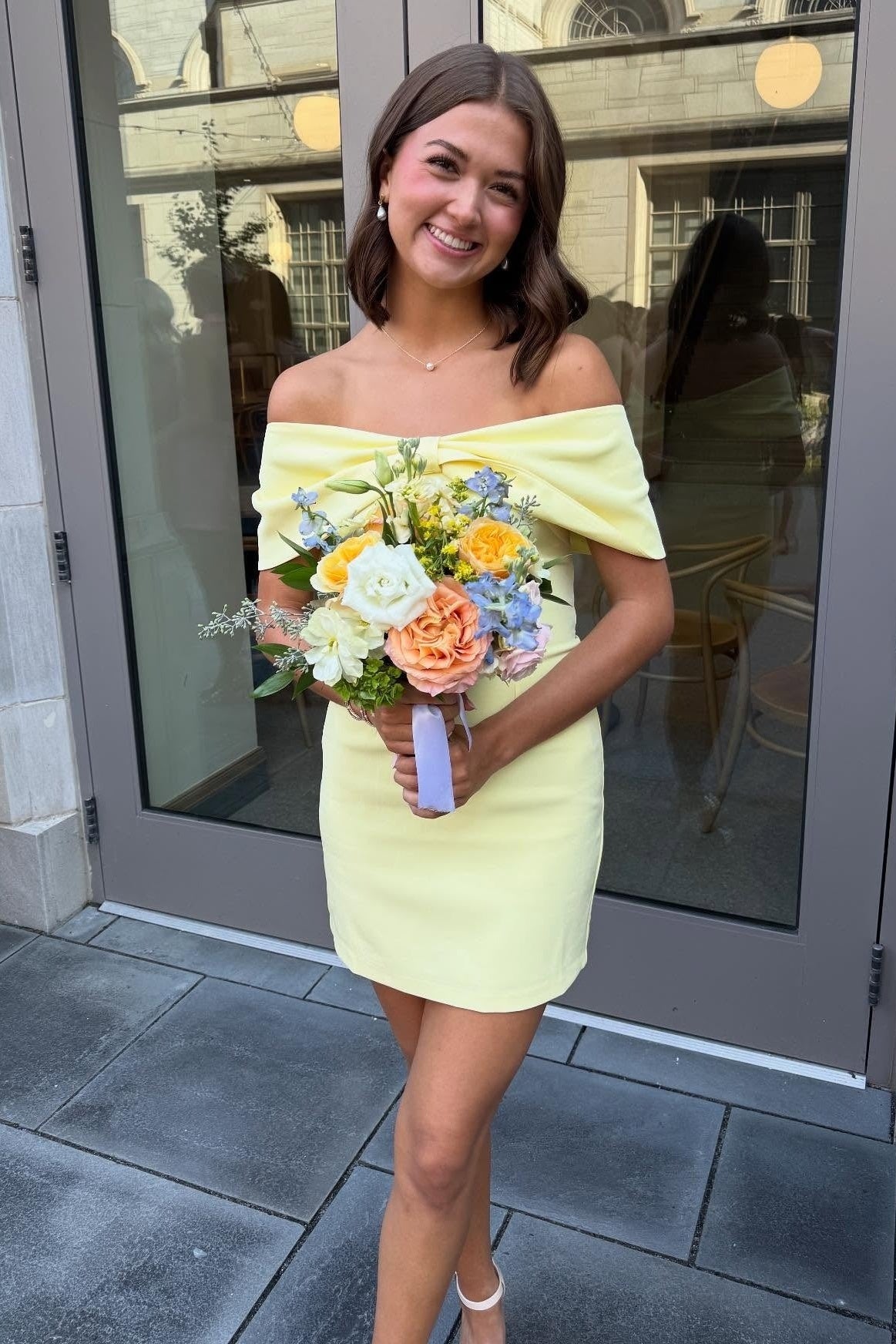 Yellow Fitted Off-Shoulder Empire Mini Homecoming Dress
