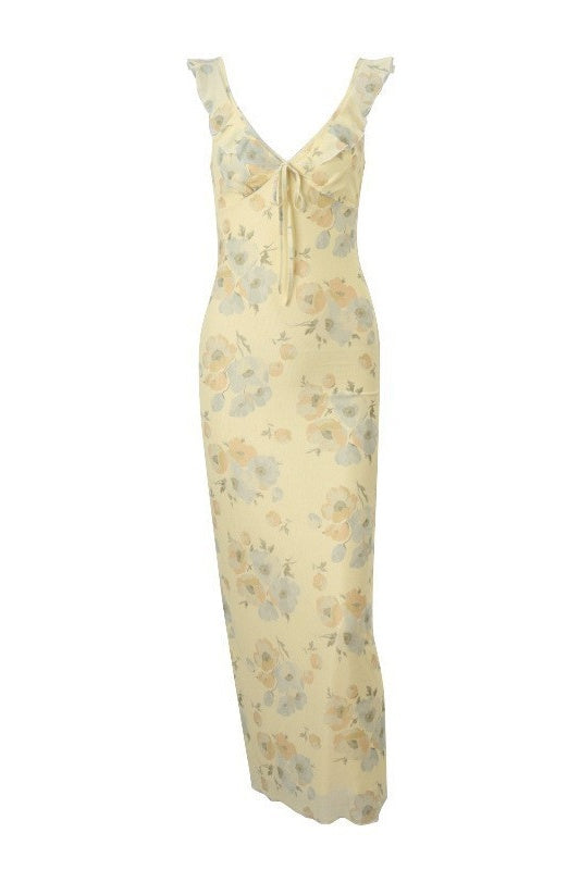 Yellow Floral V-Neck Ruffle Straps Fitted Party Evening Dress