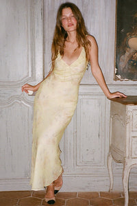 Yellow Floral V-Neck Ruffle Straps Fitted Party Evening Dress