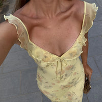 Yellow Floral V-Neck Ruffle Straps Fitted Party Evening Dress