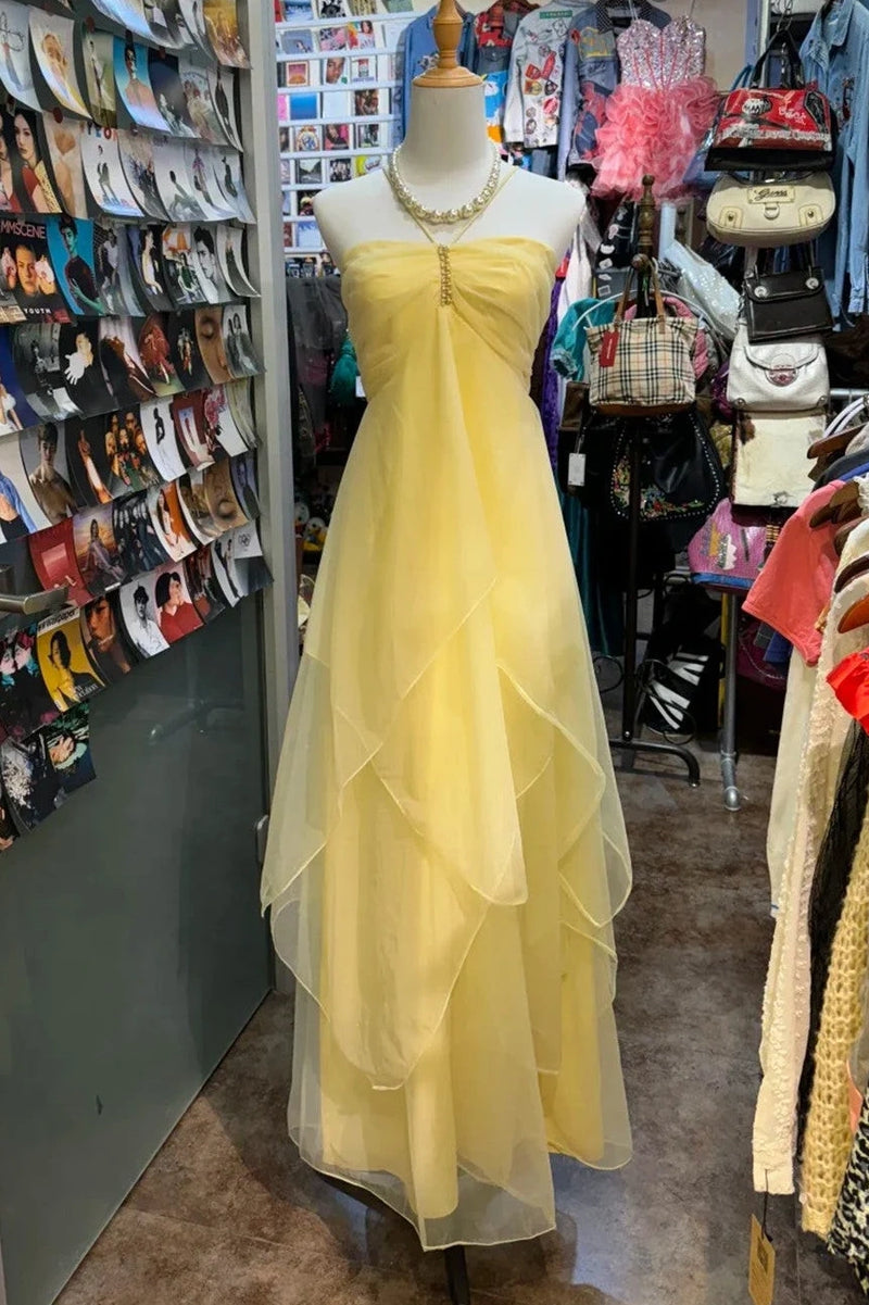 Yellow Halter Sleeveless Tiered Tulle A-Line Party Prom Dress