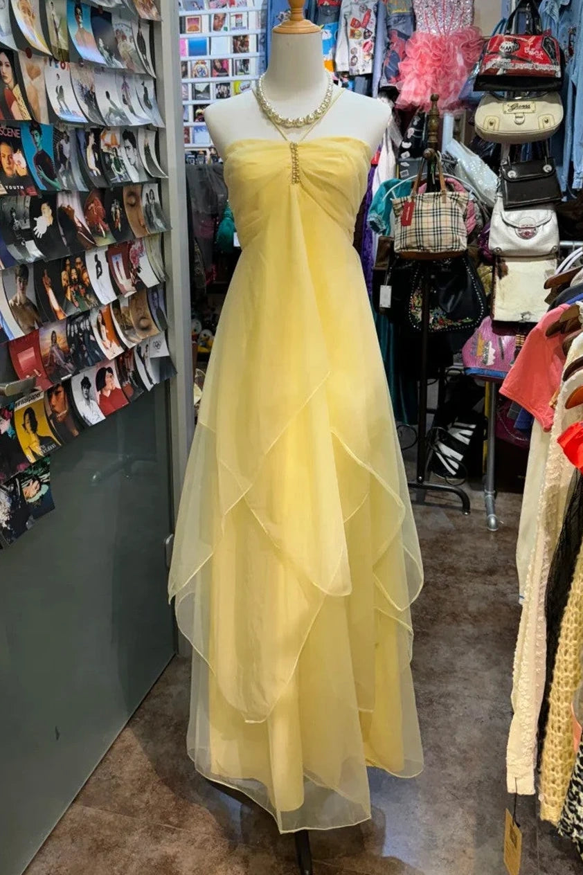 Yellow Halter Sleeveless Tiered Tulle A-Line Party Prom Dress