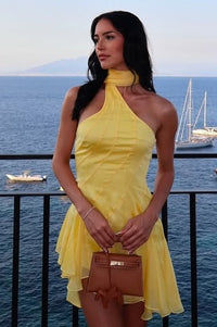 Yellow High Neck Backless Satin And Chiffon Mini Summer Homecoming Dress