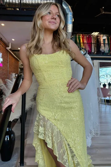 Yellow Lace Mermaid Boat Sleeveless Party Prom Dress With High Slit