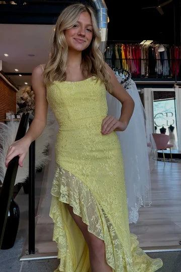 Yellow Lace Mermaid Boat Sleeveless Party Prom Dress With High Slit