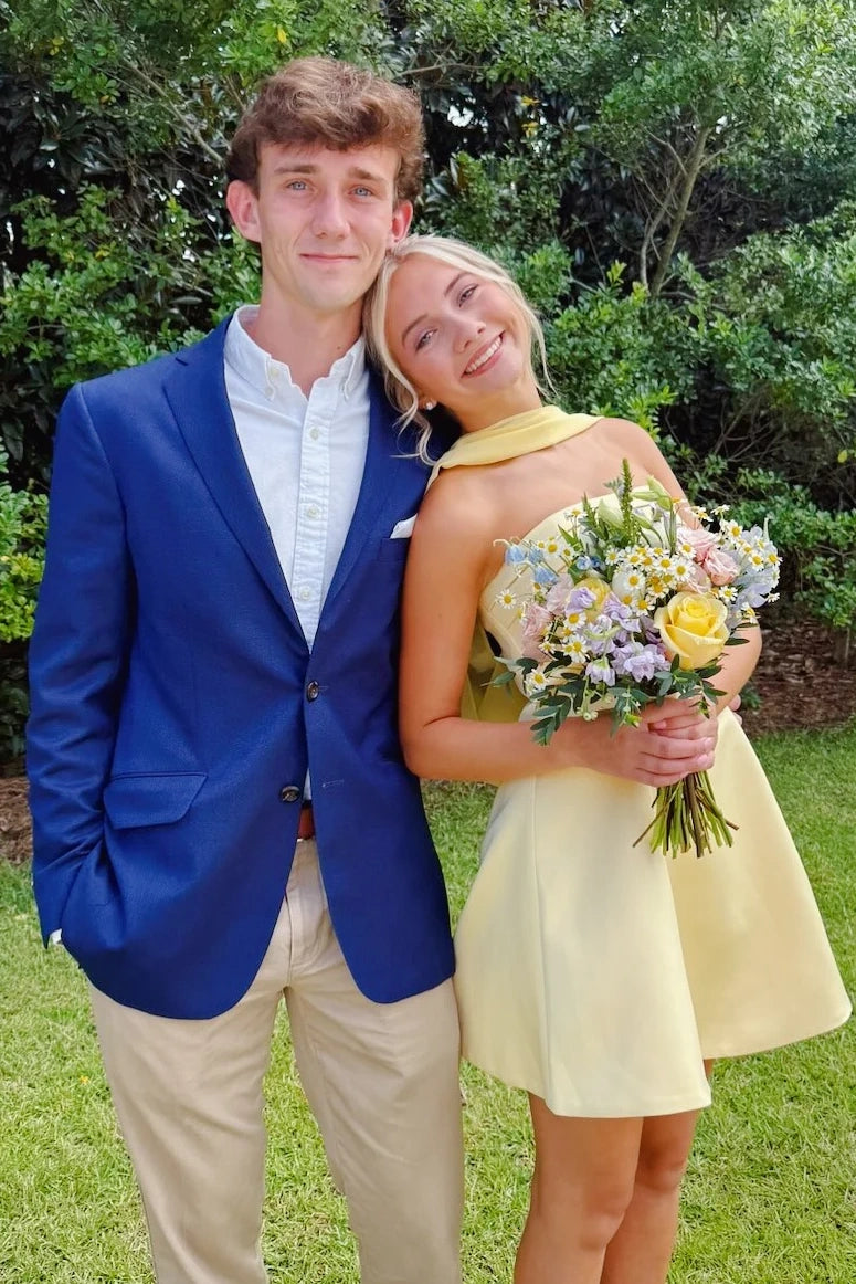 Yellow Pleated Strapless A-Line Satin Homecoming Dress