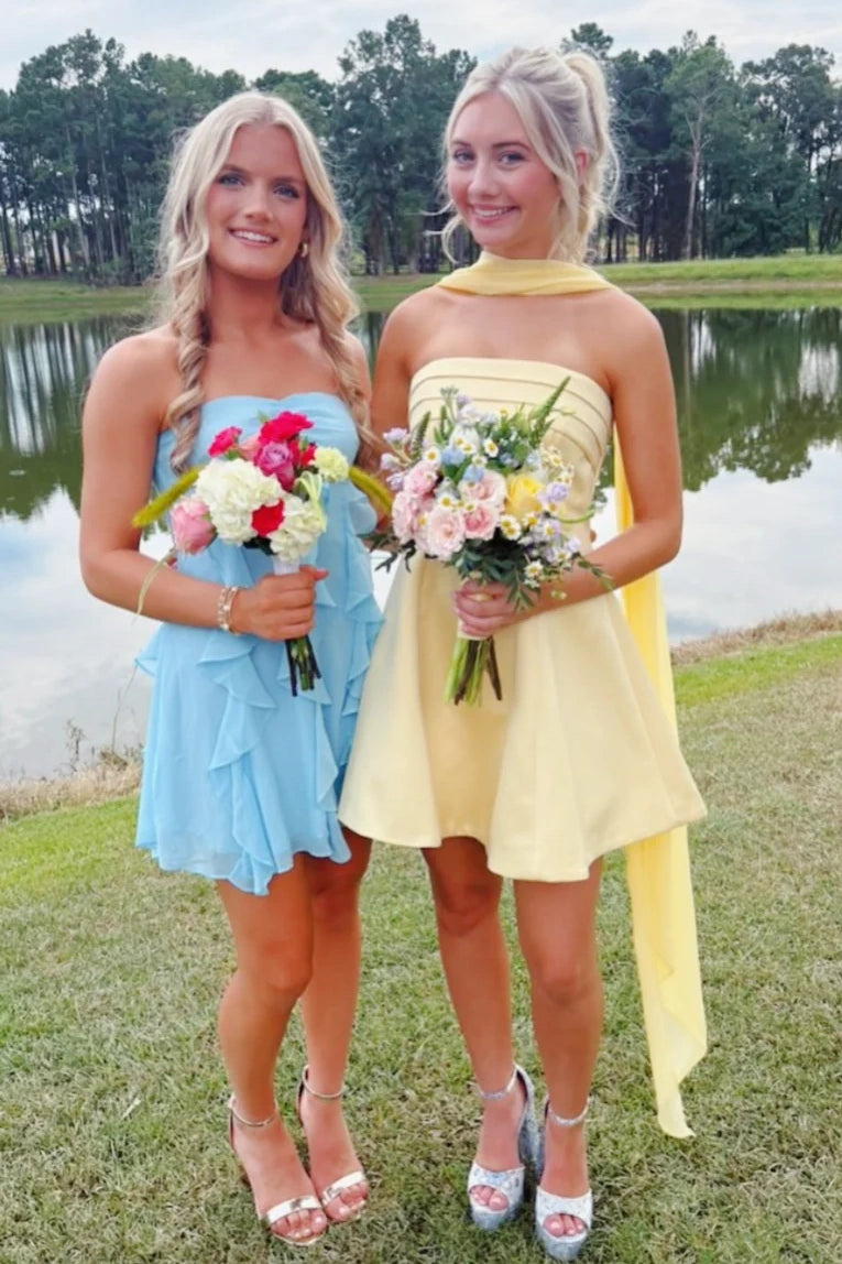 Yellow Pleated Strapless A-Line Satin Homecoming Dress