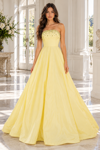 Yellow Satin A-Line Beaded Strapless Party Prom Dress With Ruffle Train