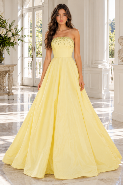 Yellow Satin A-Line Beaded Strapless Party Prom Dress With Ruffle Train