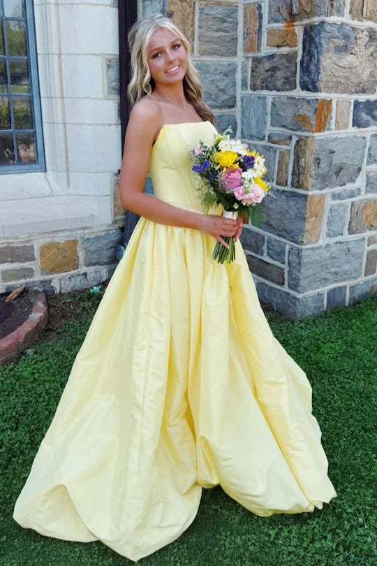 Yellow Satin A-Line Strapless Empire Party Prom Dress