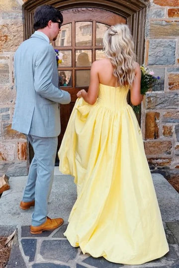 Yellow Satin A-Line Strapless Empire Party Prom Dress