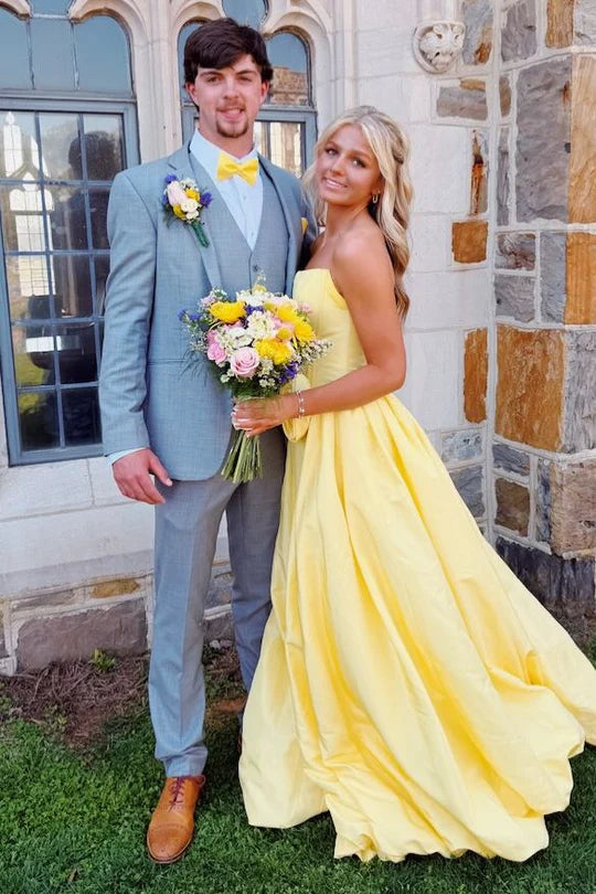 Yellow Satin A-Line Strapless Empire Party Prom Dress