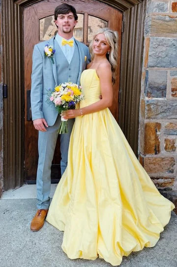 Yellow Satin A-Line Strapless Empire Party Prom Dress