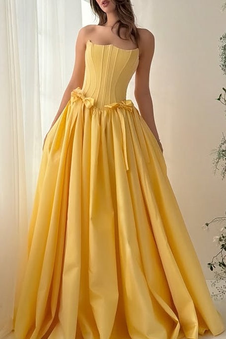 Yellow Satin A-Line Strapless Empire Pleated Party Prom Dress With Bows