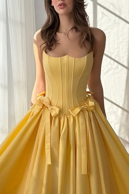 Yellow Satin A-Line Strapless Empire Pleated Party Prom Dress With Bows