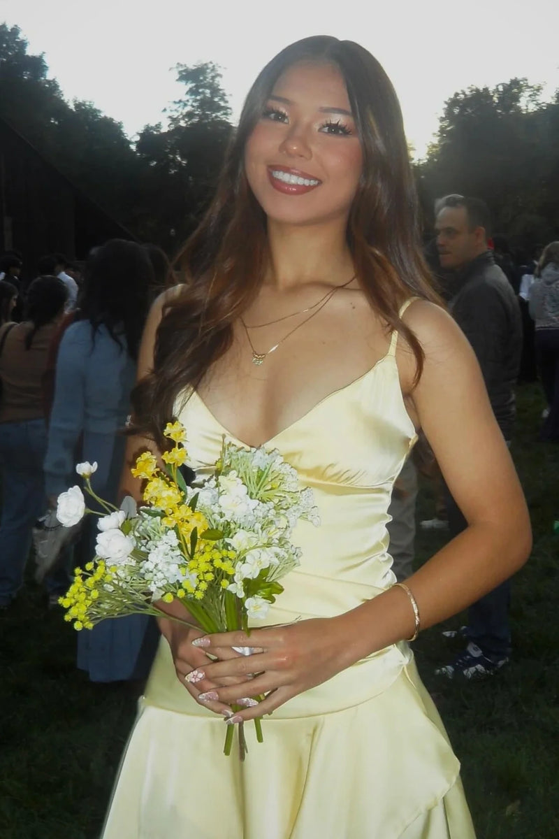 Yellow Satin A-Line V-Neck Empire Tiered Short Homecoming Dress