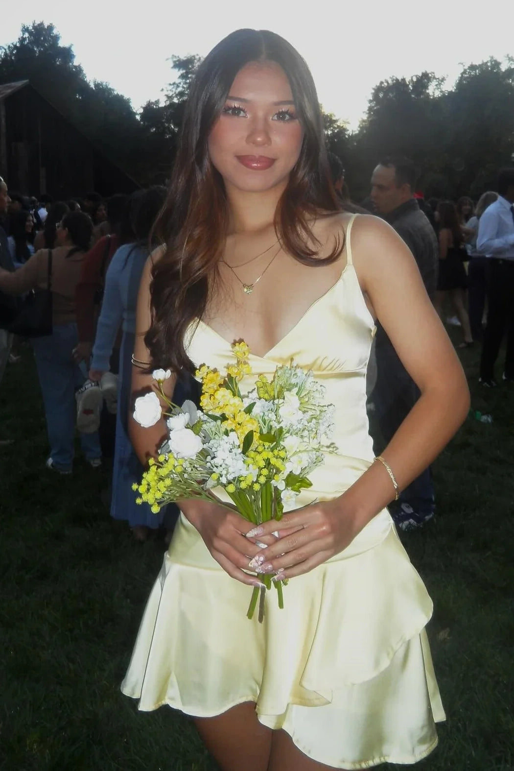 Yellow Satin A-Line V-Neck Empire Tiered Short Homecoming Dress