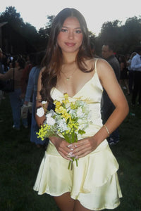 Yellow Satin A-Line V-Neck Empire Tiered Short Homecoming Dress