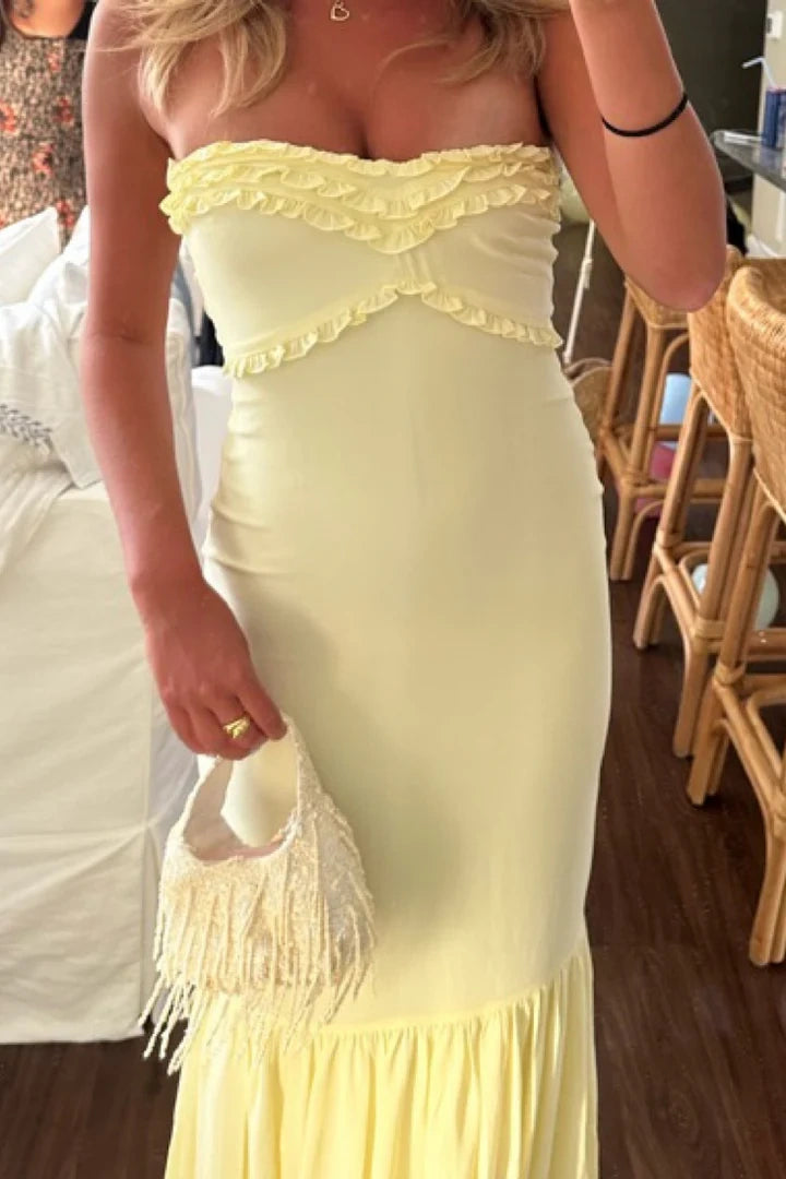 Yellow Satin And Chiffon Ruffle Strapless Party Prom Dress