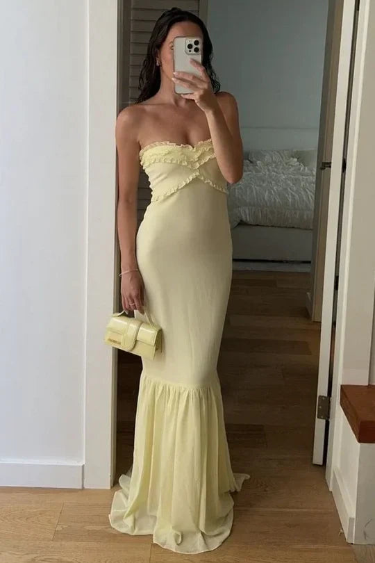 Yellow Satin And Chiffon Ruffle Strapless Party Prom Dress