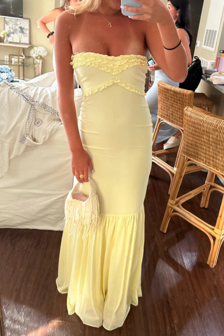 Yellow Satin And Chiffon Ruffle Strapless Party Prom Dress