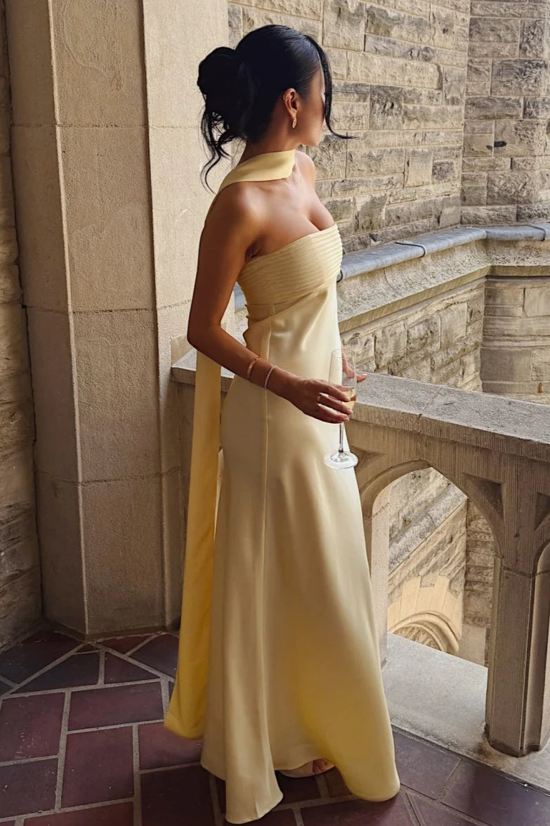 Yellow Satin Fitted Strapless Maxi Party Prom Dress