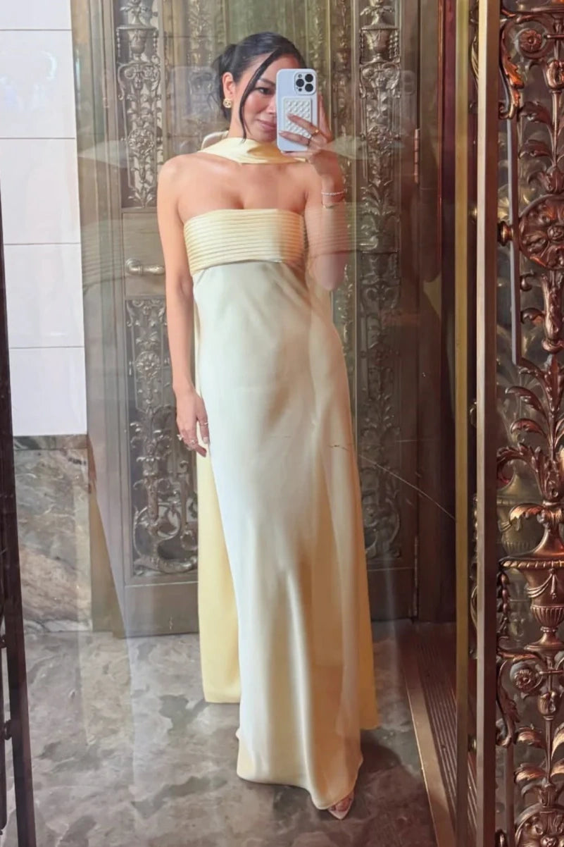Yellow Satin Fitted Strapless Maxi Party Prom Dress