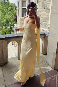 Yellow Satin Fitted Strapless Maxi Party Prom Dress