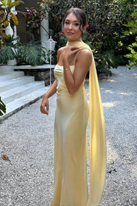 Yellow Satin Lace-Up Bateau Sleeveless Maxi Party Prom Dress