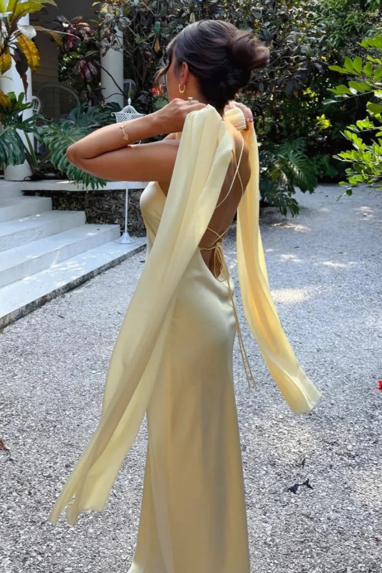 Yellow Satin Lace-Up Bateau Sleeveless Maxi Party Prom Dress