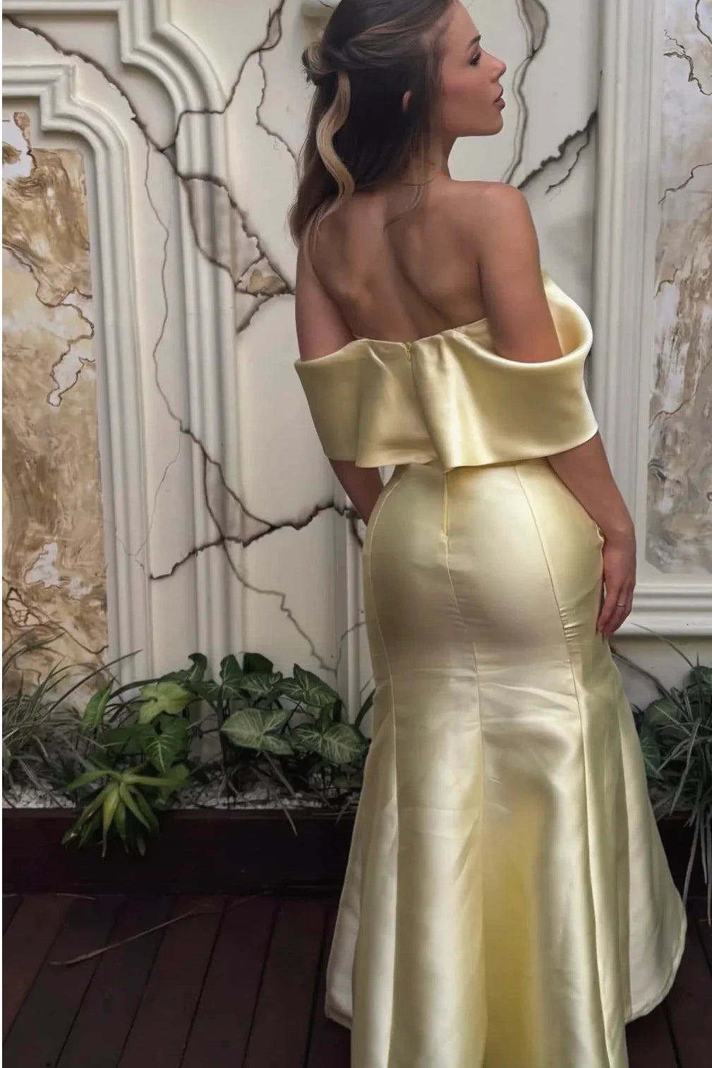 Yellow Satin Off-Shoulder With Bow Mermaid Party Prom Dress