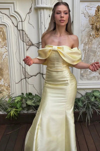 Yellow Satin Off-Shoulder With Bow Mermaid Party Prom Dress