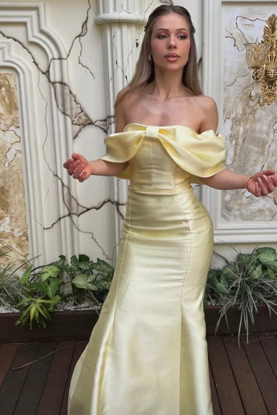 Yellow Satin Off-Shoulder With Bow Mermaid Party Prom Dress