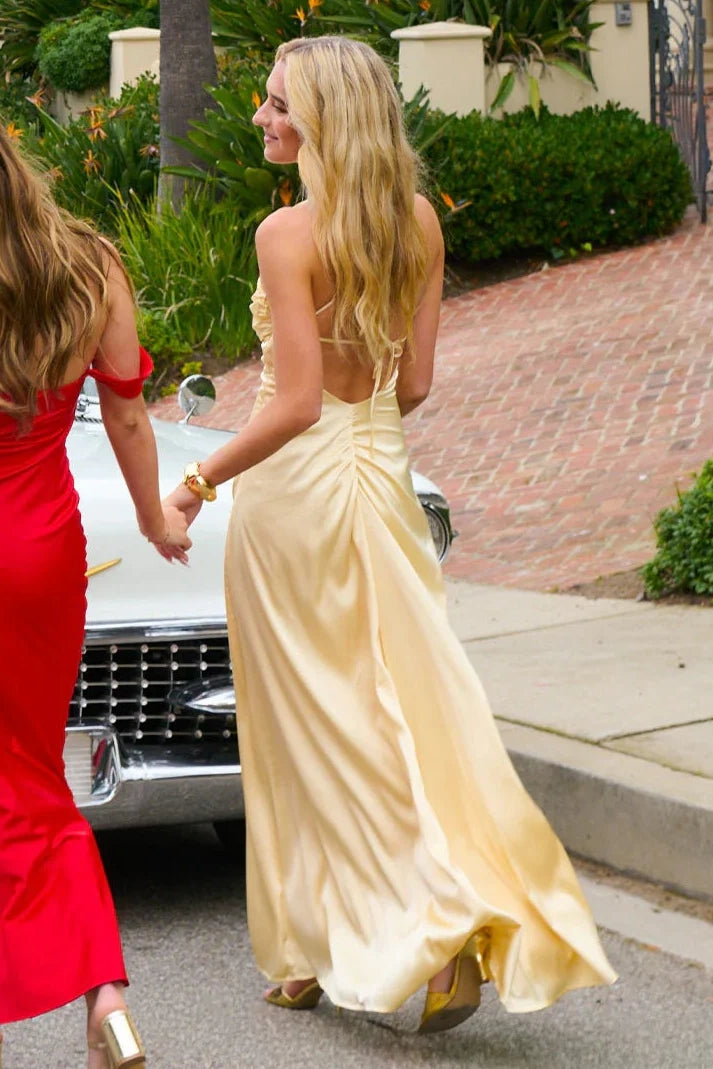 Yellow Satin Spaghetti Straps Open Back Party Prom Dress