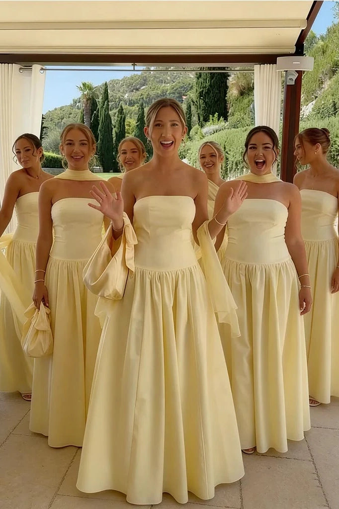 Yellow Satin Strapless A-Line Floor-Length Bridesmaid Dress