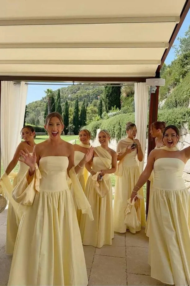 Yellow Satin Strapless A-Line Floor-Length Bridesmaid Dress