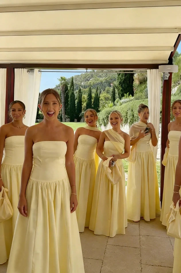 Yellow Satin Strapless A-Line Floor-Length Bridesmaid Dress