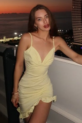 Yellow Satin V-Neck Sleeveless Ruffle Homecoming Party Dress