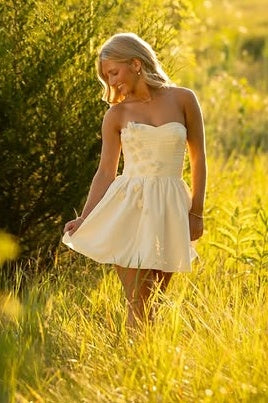 Yellow Strapless A-Line Satin 3D Floral Mini Homecoming Dress