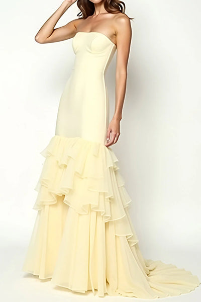 Yellow Strapless Empire Party Prom Dress With Tiered Chiffon Train