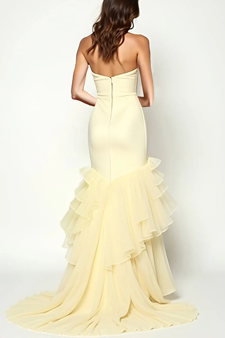 Yellow Strapless Empire Party Prom Dress With Tiered Chiffon Train