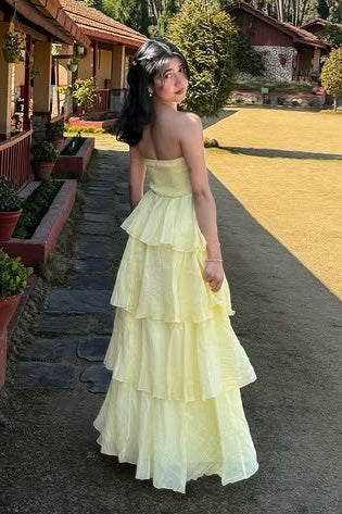Yellow Strapless Empire Tiered A-Line Modest Party Prom Dress