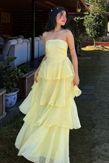 Yellow Strapless Empire Tiered A-Line Modest Party Prom Dress