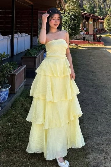 Yellow Strapless Empire Tiered A-Line Modest Party Prom Dress